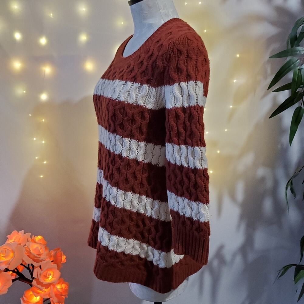 J. Crew 100% Merino Wool Striped Cable Knit Sweater Rust Orange White Women's XS - Picture 3 of 8